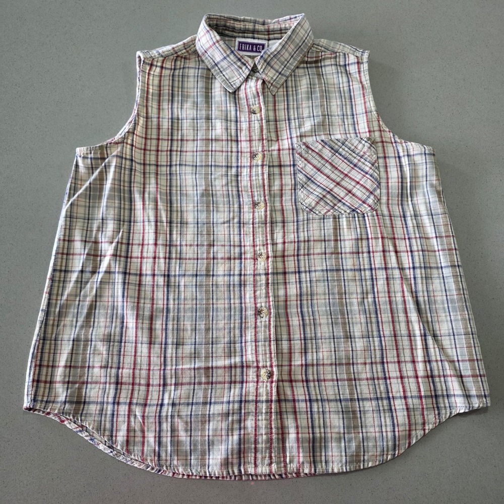 Erika & Co Womens Sleeveless Button Down Plaid Shirt Red Blue‎ Tan Cream Size L